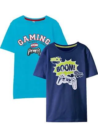 Jungen T-Shirt (2er Pack) aus Bio Baumwolle in blau von vorne - bonprix