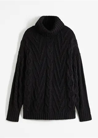 Rollkragen-Pullover mit Zopfmuster in schwarz von vorne - bonprix