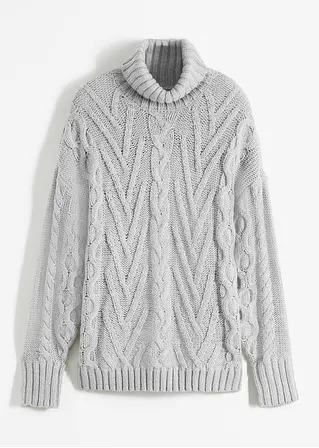 Rollkragen-Pullover mit Zopfmuster in grau von vorne - bonprix