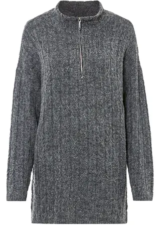 Langer Pullover mit Zopfmuster in grau von vorne - bonprix