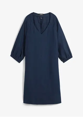 Kurzes Kleid aus reinem Leinen, 3/4 Arm in blau von vorne - bonprix