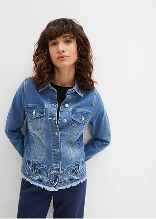 Jeansjacke mit Stickerei in blau von vorne (im Anschnitt) - bonprix