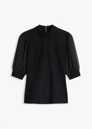 Shirt mit Mesh-Ärmel in schwarz von vorne - bonprix