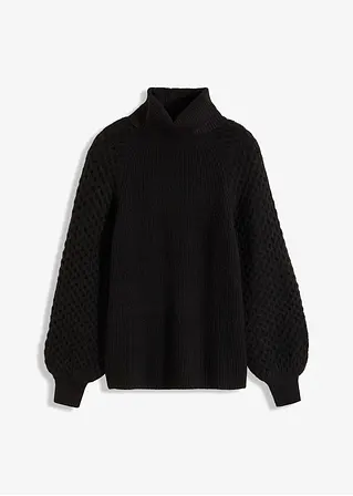 Grobstrick-Pullover mit Zopfmuster in schwarz von vorne - bonprix