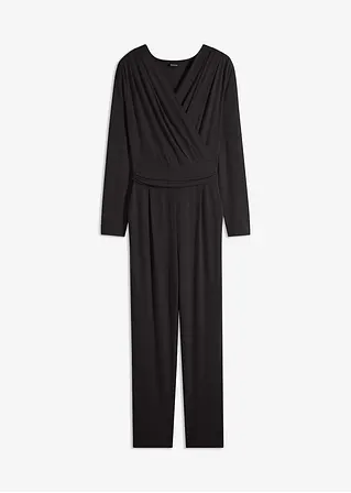 Jersey-Jumpsuit in Wickeloptik in schwarz von vorne - bonprix