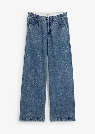 Wide-Leg-Jeans Mid Waist Bequembund mit Strass in blau von vorne - bonprix