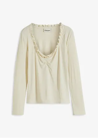 Rippshirt mit Raffung und Volant in beige von vorne - bonprix