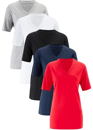 Weites Long-Shirt mit V-Ausschnitt, Kurzarm (5er Pack) in rot - bonprix