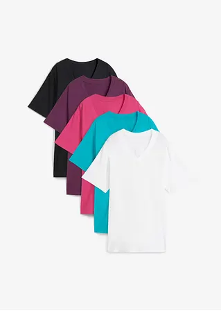 Weites Long-Shirt mit V-Ausschnitt, Kurzarm (5er Pack) in grün von vorne - bonprix