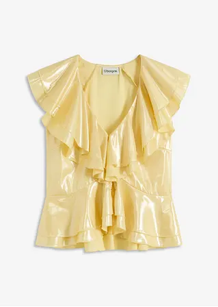Glänzende Bluse mit Volants in gelb von vorne - bonprix