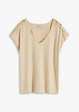 Shirt mit Häkeleinsätzen in beige von vorne - bonprix