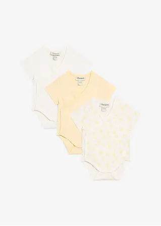 Kurzarm Wickelbodies aus reiner Bio-Baumwolle (3er Pack) in gelb von vorne - bonprix