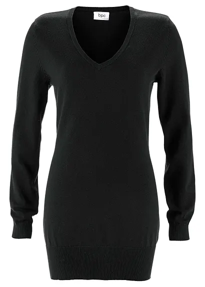 Basic Longpullover mit V-Ausschnitt in schwarz - bonprix