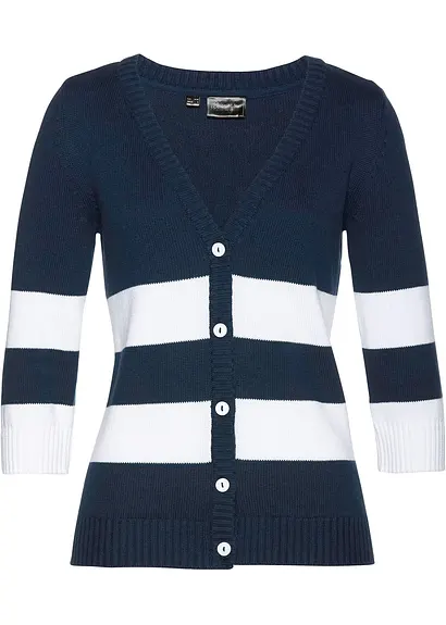 Baumwollstrickjacke mit Streifen in blau von vorne - bonprix
