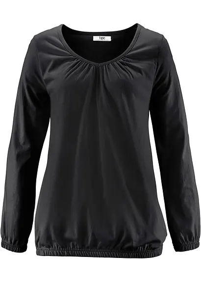 Langarmshirt mit Gummizug aus reiner Baumwolle in schwarz von vorne - bonprix