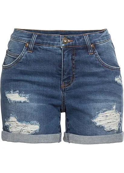 Jeansshorts Mid Waist mit Destroy- Effekten in blau von vorne - bonprix