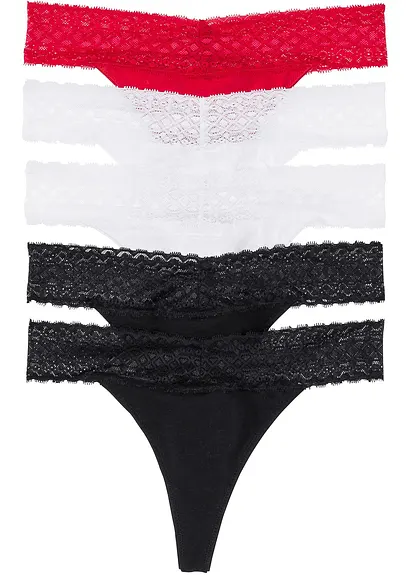 String mit Spitze (5er Pack) in schwarz von vorne - bonprix