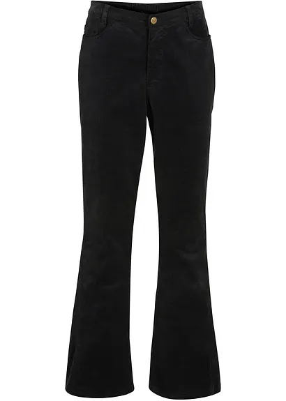 Stretch-Cord-Schlaghose mit High-Waist-Bequembund in schwarz von vorne - bonprix