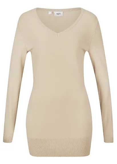Basic Longpullover mit V-Ausschnitt in beige von vorne - bonprix