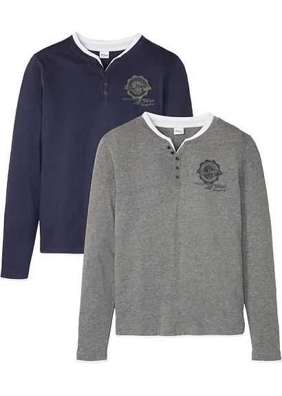 Henleyshirt, Langarm (2er Pack) in grau von vorne - bonprix