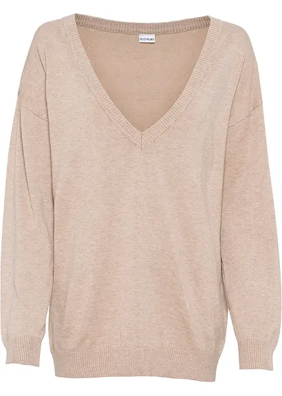 Oversize-Pullover mit V-Ausschnitt in beige von vorne - bonprix