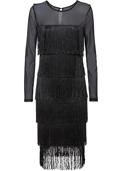 Midikleid aus luftigem Mesh mit Fransen in schwarz von vorne - bonprix