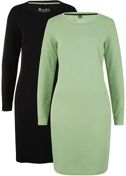 Jerseykleid aus Baumwolle mit Stretch (2er Pack) in grün von vorne - bonprix