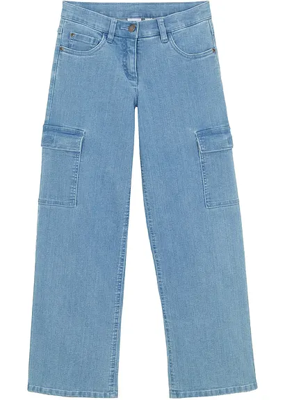 Weite Cargo-Jeans Mid Waist in blau von vorne - bonprix