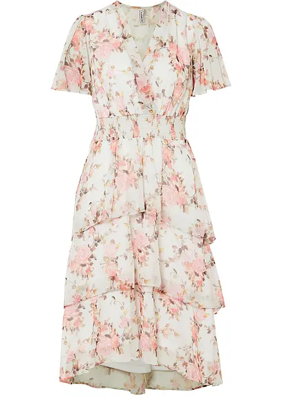 Geblümtes Midikleid mit Volants in weiß von vorne - bonprix