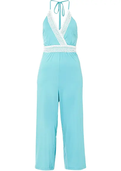 Jumpsuit mit Crochet Spitze in grün von vorne - BODYFLIRT boutique