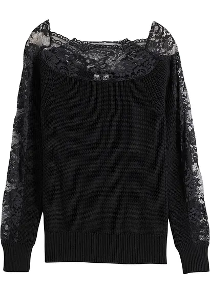 Pullover mit Spitze in schwarz von vorne - bonprix