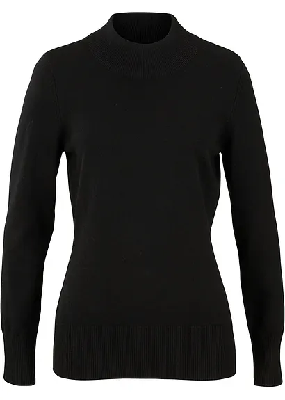 Basic Pullover mit Stehkragen mit recycelter Baumwolle in schwarz von vorne - bonprix