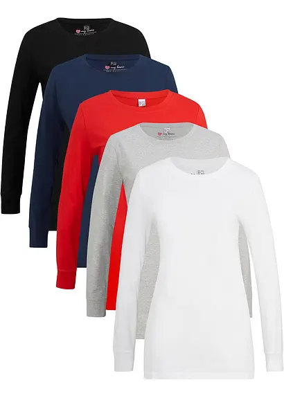 Longshirt mit Rundhalsausschnitt, Langarm (5er Pack) in schwarz von vorne - bonprix
