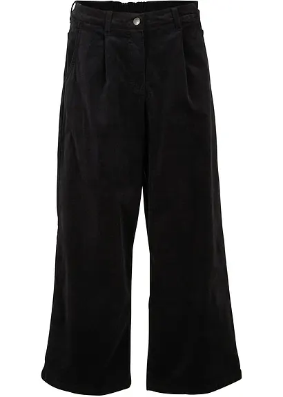Weite Stretchcord-Culotte mit High-Waist-Bequembund, 7/8-Länge in schwarz von vorne - bonprix