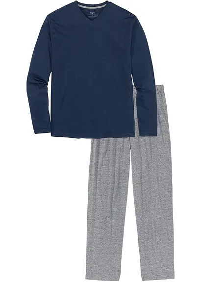 Schlichter Pyjama mit V Ausschnitt in blau von vorne - bonprix