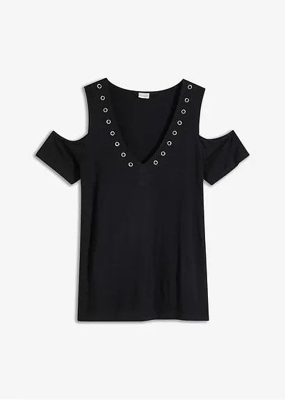 Cold-Shoulder Shirt mit Ösen in schwarz von vorne - bonprix