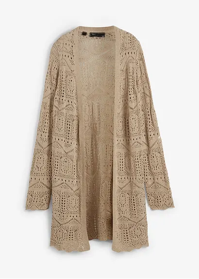 Ajour Longstrickjacke in beige von vorne - bonprix