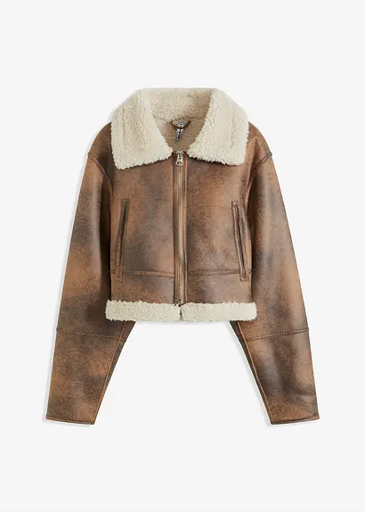 Pilotenjacke aus Lammfellimitat in braun von vorne - bonprix