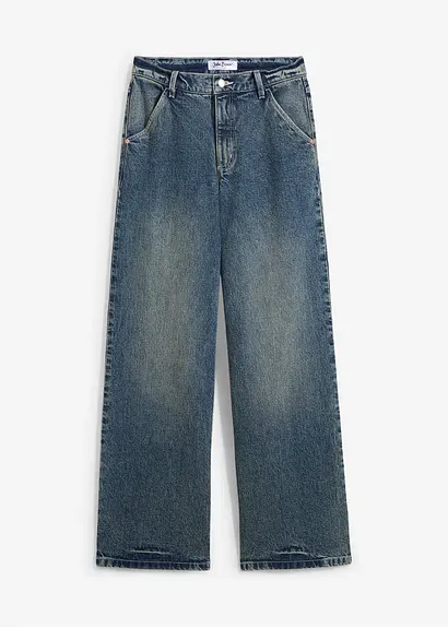 Wide Leg Jeans High Waist, Low Stretch in blau von vorne - bonprix