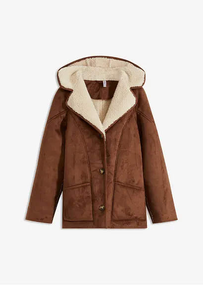Shearling Jacke mit Kapuze in braun von vorne - bonprix