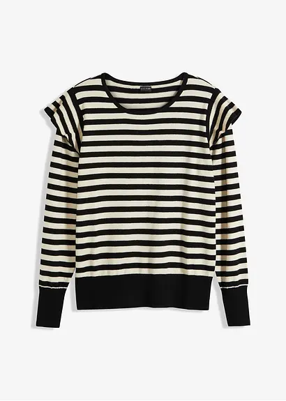 Streifen-Pullover mit Volant in beige von vorne - bonprix