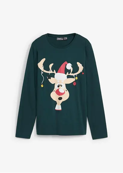 Langarmshirt mit Weihnachtsmotiv aus reiner Bio-Baumwolle in grün von vorne - bonprix