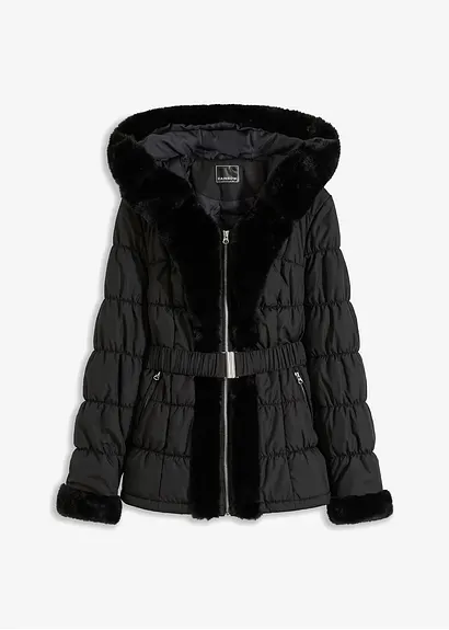 Steppjacke mit Fellimitat in schwarz von vorne - bonprix
