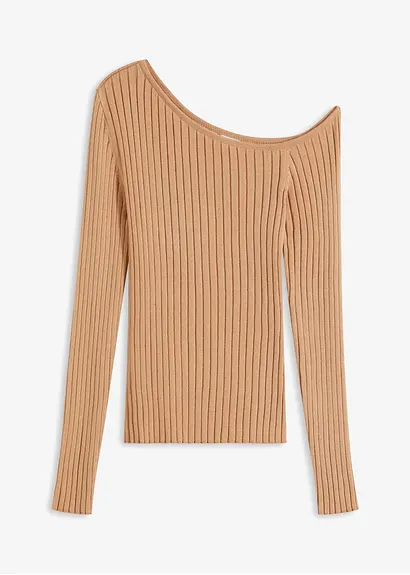 One Shoulder Rib-shirt in beige von vorne - bonprix