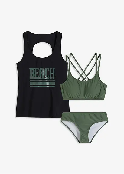 Tankini und Oberteil (3-tlg.Set) in schwarz von vorne - bonprix