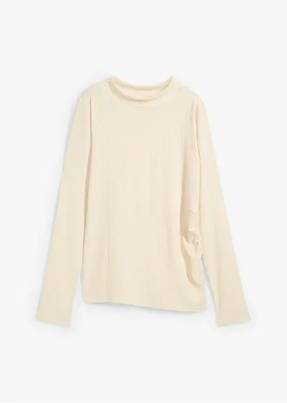Langarmshirt aus strukturiertem Crêpe in beige von vorne - bonprix