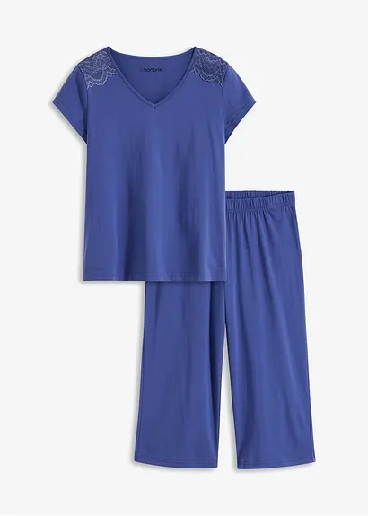 Capri Pyjama mit weiter Culotte in blau von vorne - bonprix