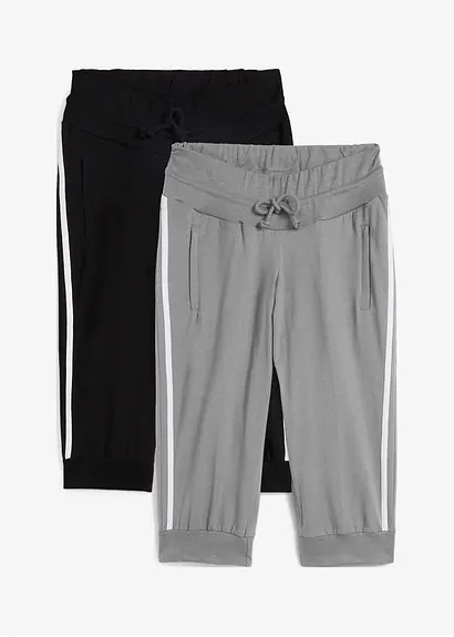 Jogginghose aus Baumwolle (2er Pack), Capri-Länge in schwarz von vorne - bonprix