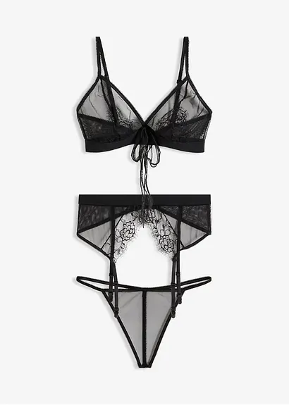 Bralette + String + Strapshalter (3-tlg.Set) in schwarz von vorne - VENUS