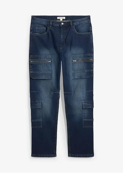 Loose Fit Cargo-Stretch-Jeans, Straight in blau von vorne - bonprix